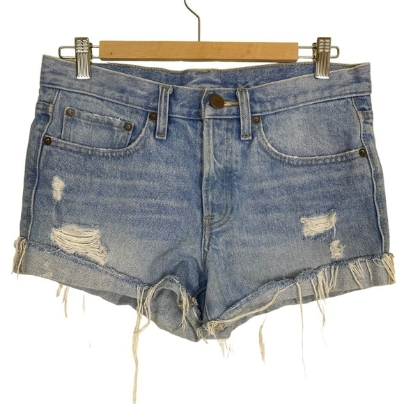 BDG Tomboy Buttonfly Mid Rise 3” Denim Shorts Light Wash Distressed Frayed Sz 25 - Picture 2 of 16